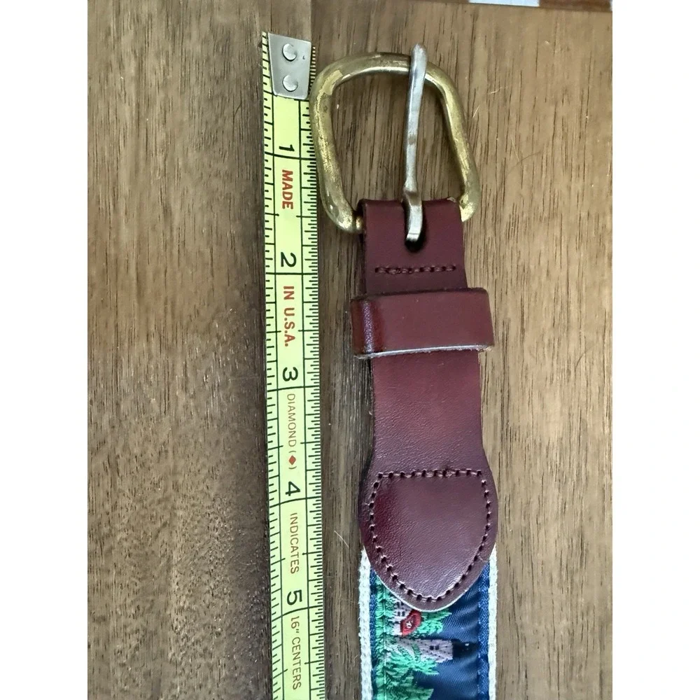 VTG Woven Ribbon Belt Lighthouse Pine Trees Cream Canvas Brass Buckle 36